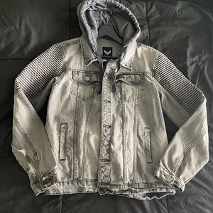 Brave Soul Washed Black Jersey Hood Denim Jacket Size M